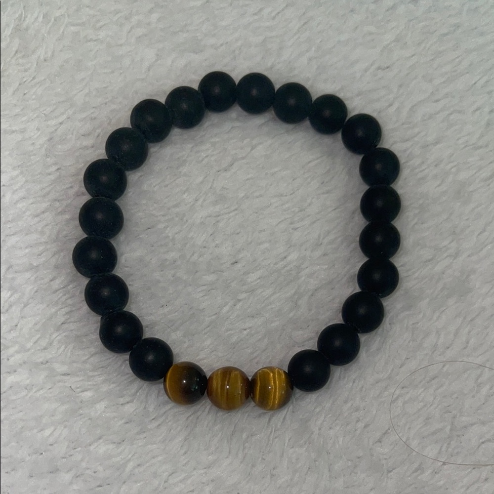 Natural Tiger Eye Mens with Matte Black Onxy Gemstone rondelle 8mm smooth 7 in